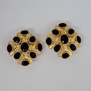 Large Vintage Clip-on Earrings Gold tone Clear Rhinestones Black Beads